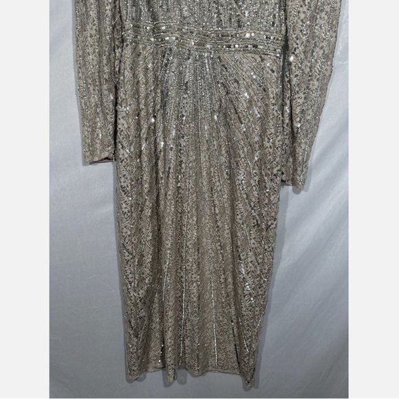 NWT $538 Mac Duggal [ 8 ] Beaded Lace Long‎ Sleeve Midi Dress Taupe - Picture 5 of 16